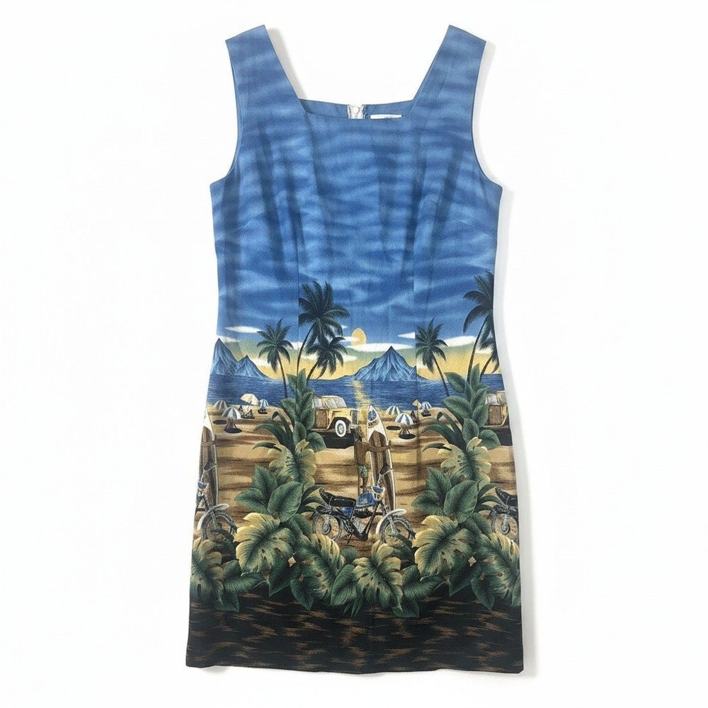 VTG Shannon Marie Hawaiian M Dress Blue Hawaii Tropical Surfer Beach Motorcycles
